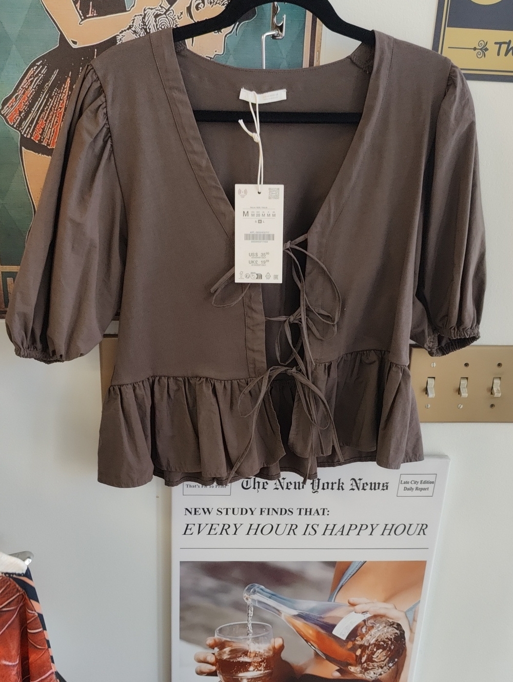 Zara Brown Tie-Front Puff Sleeve Blouse